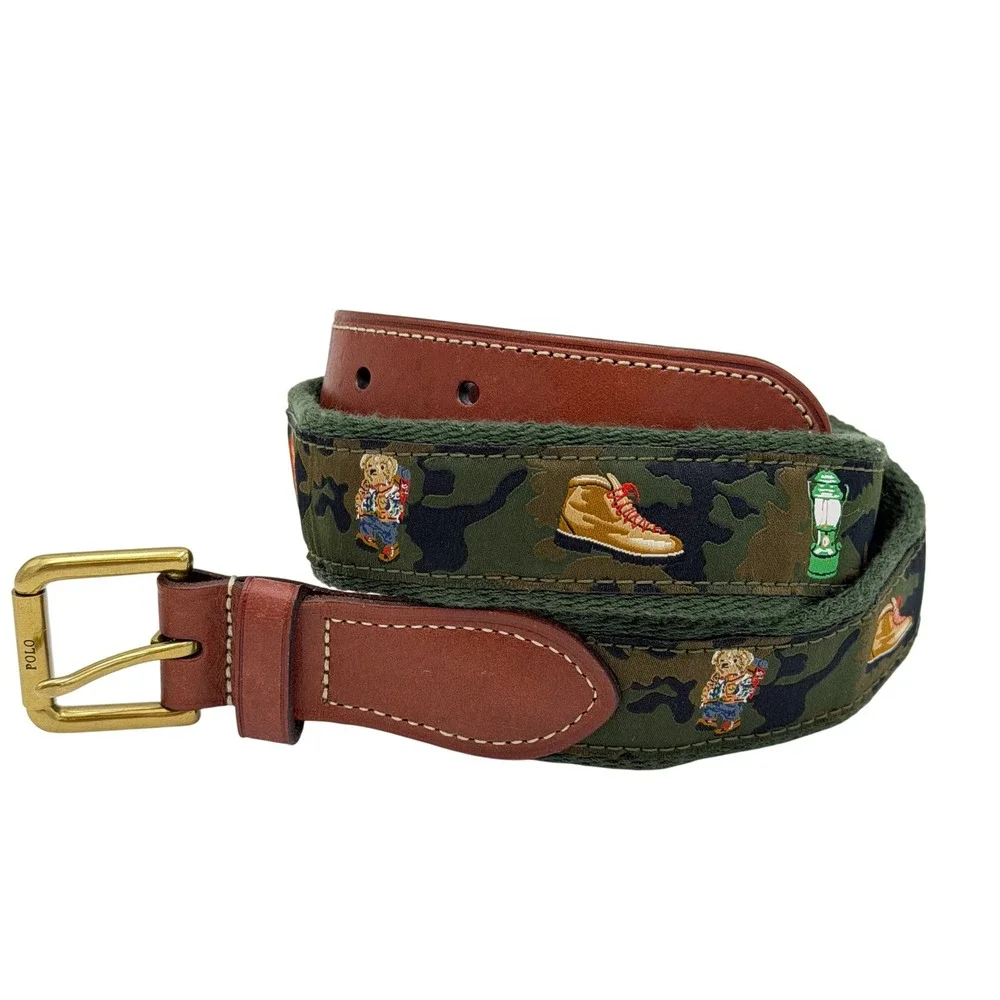 Polo Ralph Lauren Kids Camo Embroidered Hiking Polo Bear Canvas Leather Belt L